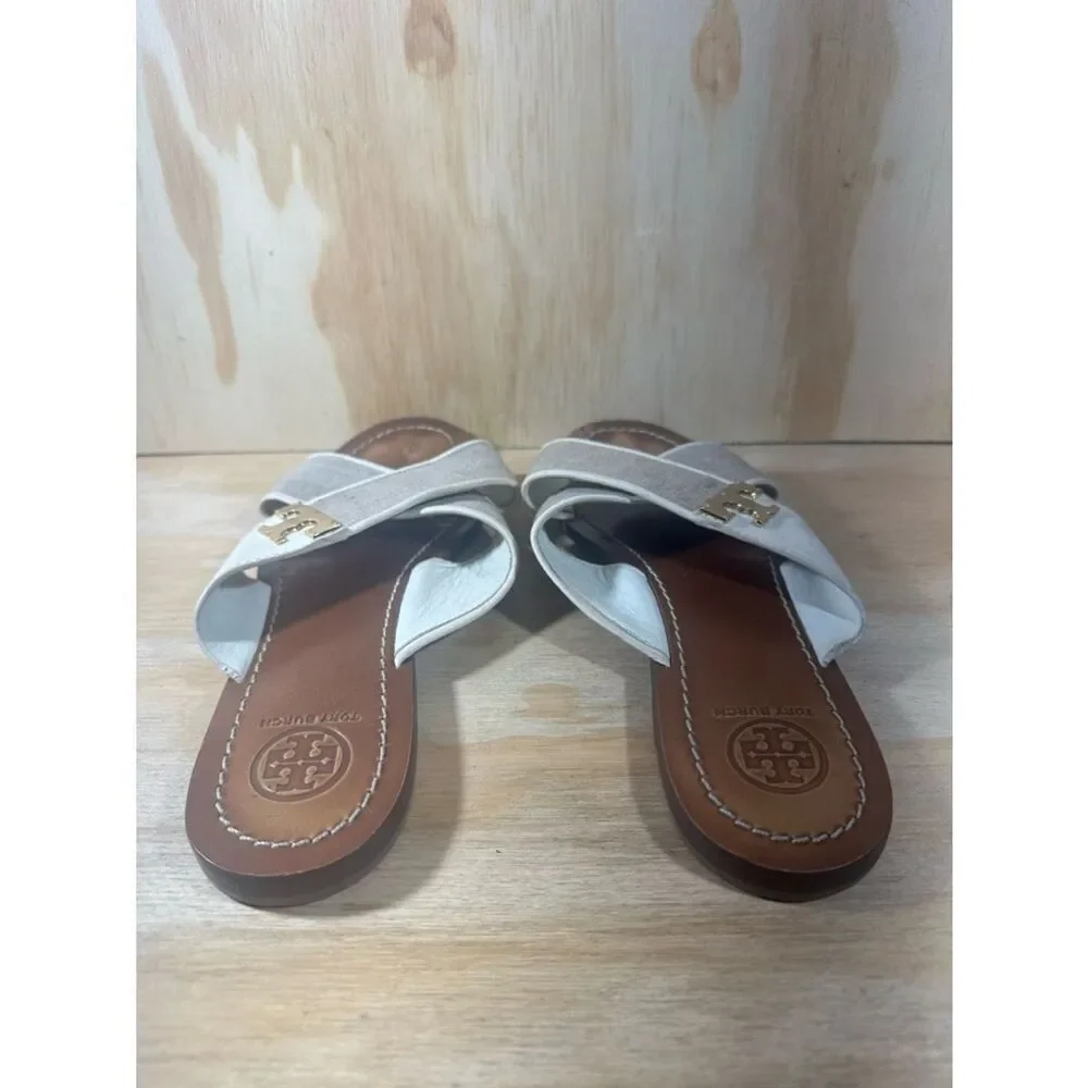 Tory Burch White & Beige Crossband Logo Slide Sandals Women’s Size 7.5